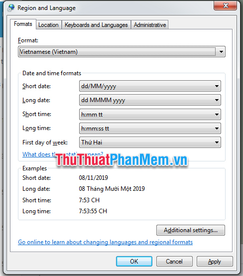 Chỉnh sang Vietnamese (Vietnam) trong phần Format