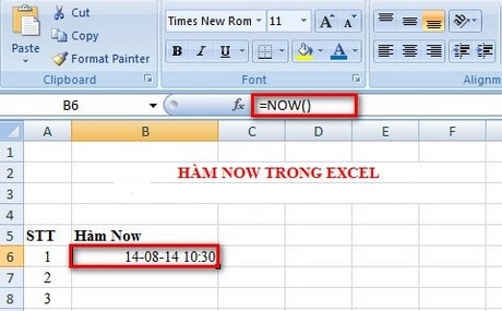 Hàm Now trong Excel
