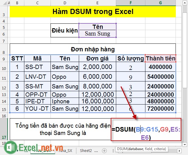 Hàm DSUM trong Excel 2