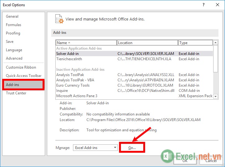 Chọn Add-ins ở menu bên trái, phía bên phải chọn Go