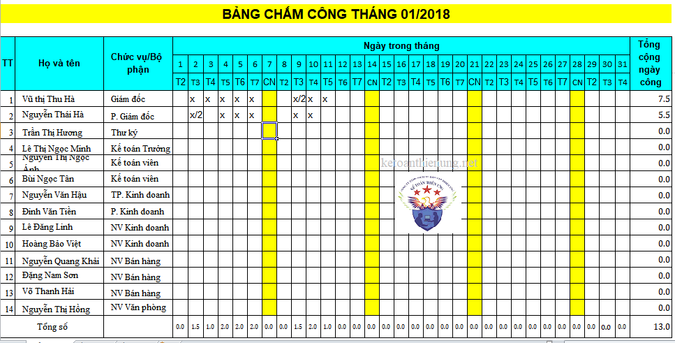 mẫu bảng chấm công năm 2018 trên excel