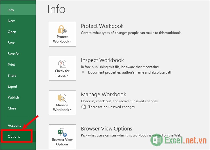 Mở Excel, trên giao diện chọn File - Options