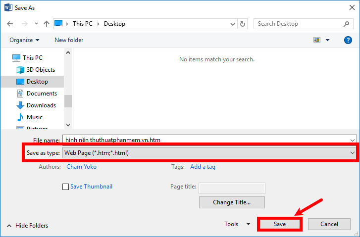 Trong phần Save as type họn định dạng Web Page